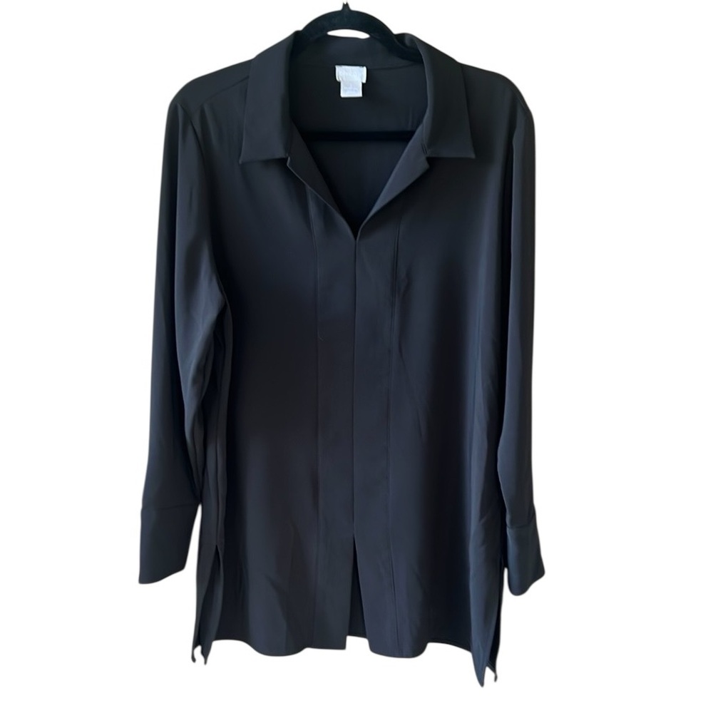 Chico’s Black Sz 12/14 Contemporary Split Collar Long Sleeve Tunic Blouse